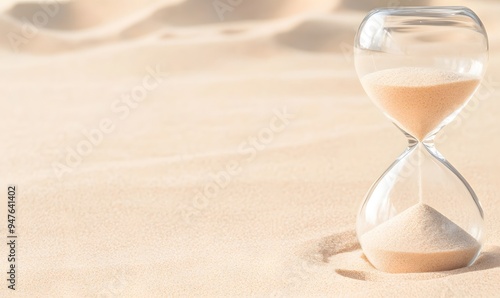 A classic hourglass with sand flowing through it on sandy background, Generative AI