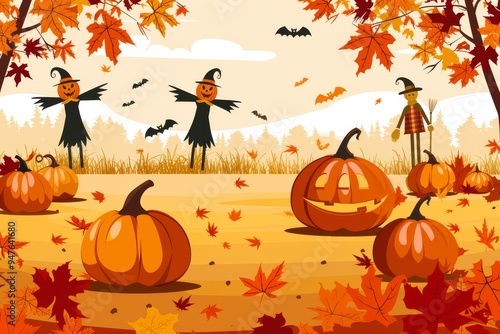 An illustration of a festive Halloween pumpkin patch with fall foliage, friendly characters, and pumpkins