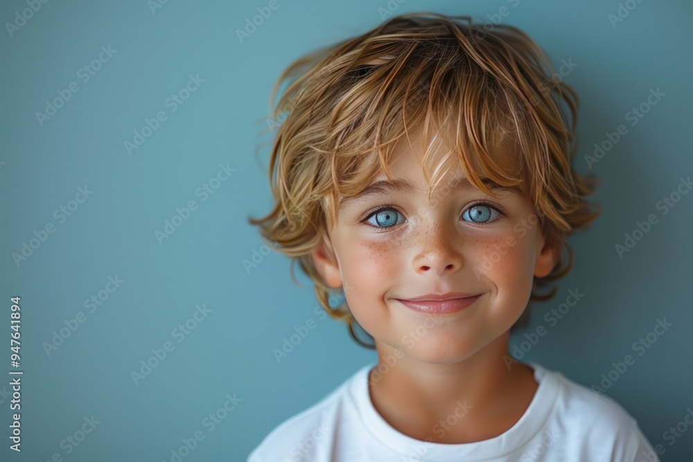 A portrait of a young boy with blonde hair and blue eyes, smiling against a blue background. A portrait of a young boy with blonde hair and blue eyes, smiling against a blue background.