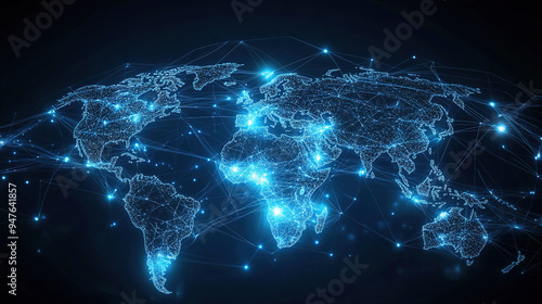 Abstract digital blue background with a glowing world map and futuristic tech elements. Concept of technology and globalization. World Map background. Global network and connectivity. 