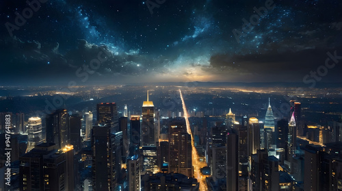 Wallpaper Mural Nighttime Cityscape with Starry Sky and City Lights Torontodigital.ca