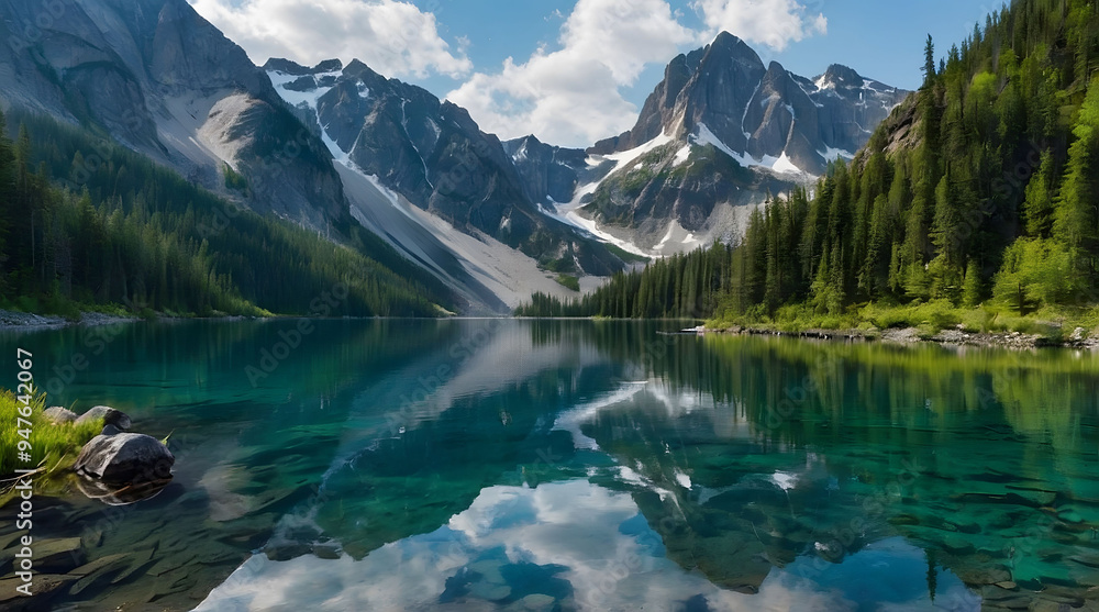 Tranquil Mountain Lake with Clear Waters and a Dramatic Reflection Tranquil Mountain Lake with Clear Waters and a Dramatic Reflection
