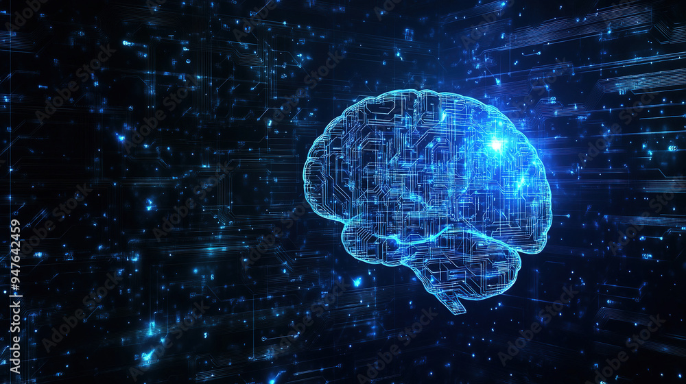 Hologram of the brain. Brain and technology network. Digital brain with glowing circuit patterns. Futuristic brain. Digital human brain connected to an electronic board. Artificial Intelligence tech Hologram of the brain. Brain and technology network. Digital brain with glowing circuit patterns. Futuristic brain. Digital human brain connected to an electronic board. Artificial Intelligence tech