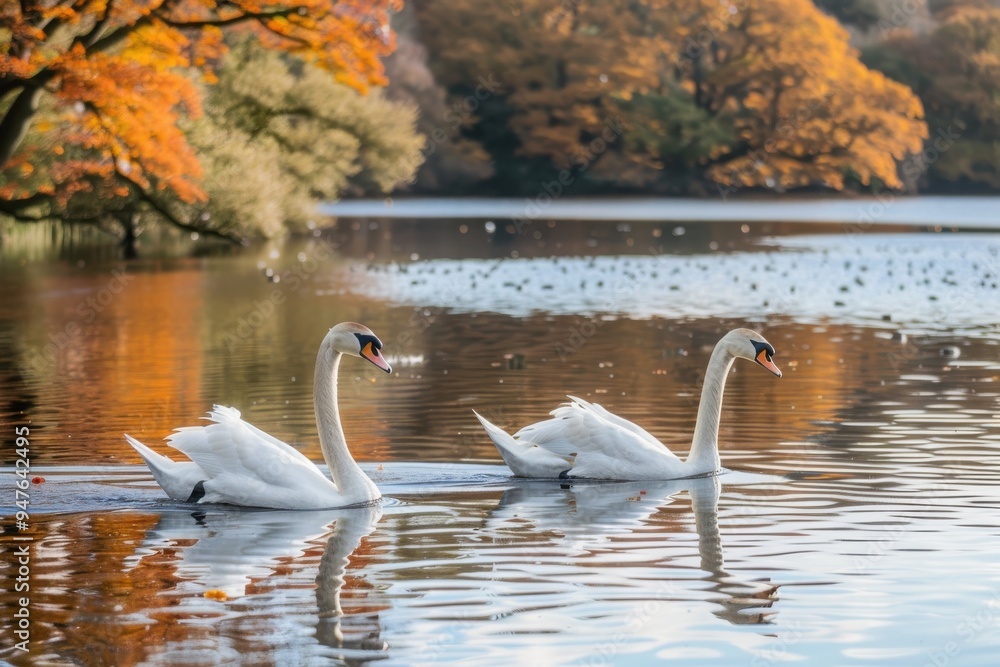 Fototapeta premium Two swans swimming in a lake