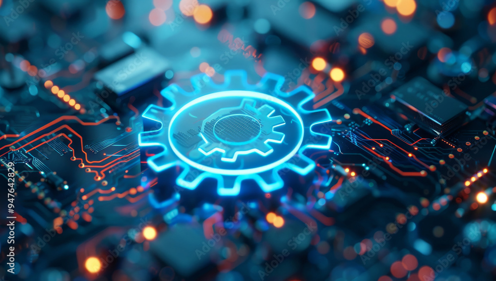 A blue and orange gear is on a circuit board by AI generated image A blue and orange gear is on a circuit board by AI generated image