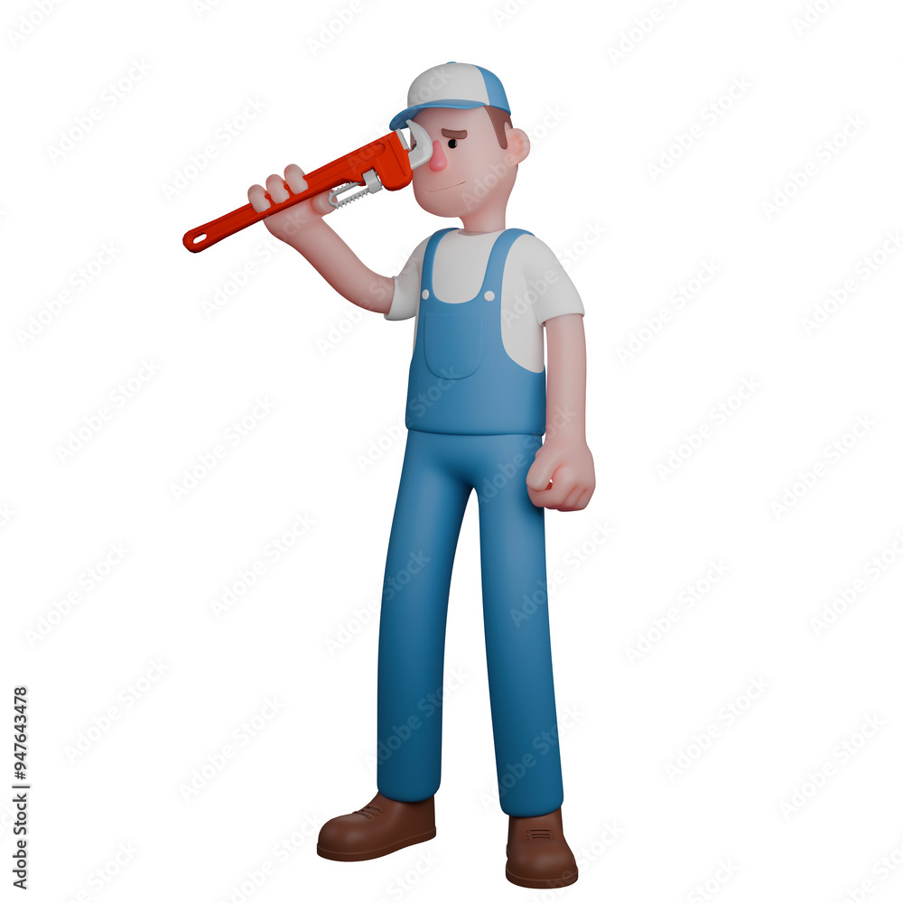 Automotive Expert 3D. A mechanic carefully inspects a pipe wrench. Mechanic Cartoon Automotive Expert 3D. A mechanic carefully inspects a pipe wrench. Mechanic Cartoon
