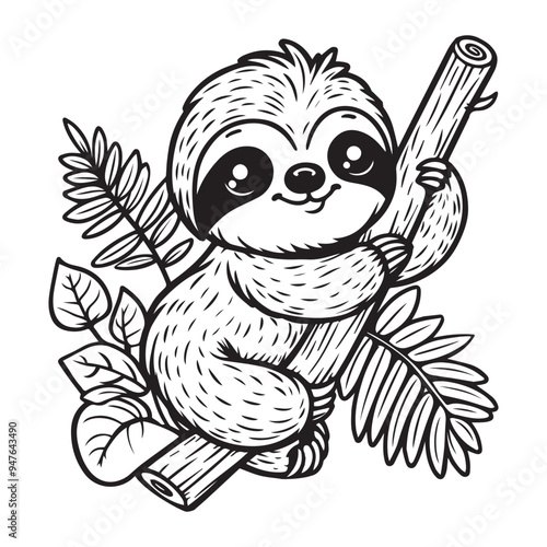 cute sloth vector art outline illustration 1