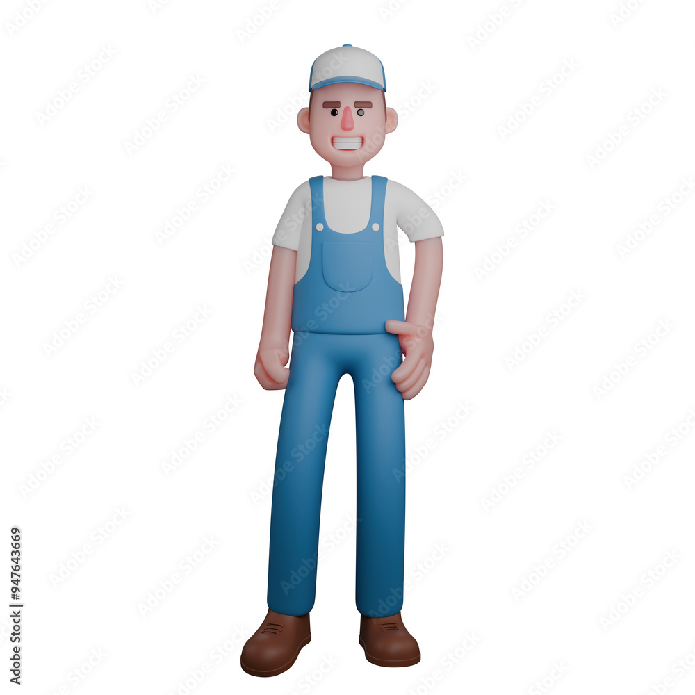 3D Mechanic Character. A mechanic stands in a relaxed pose, wearing work attire consisting of a white t-shirt, blue overalls, and a cap. Professional Auto Repair Cartoon 3D Mechanic Character. A mechanic stands in a relaxed pose, wearing work attire consisting of a white t-shirt, blue overalls, and a cap. Professional Auto Repair Cartoon
