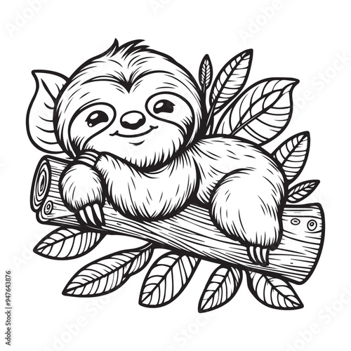 cute sloth vector art outline illustration