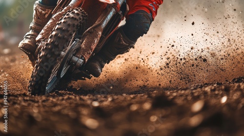 A skilled rider navigates a dirt track expertly maneuvering a motocross bike through clouds of dust and flying debris under a bright sky showcasing agility and speed photo