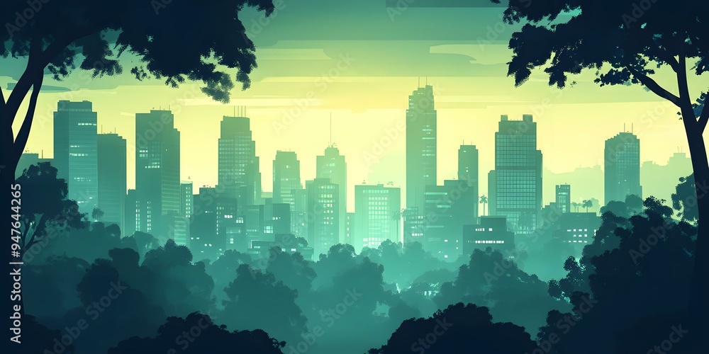 Fototapeta premium Green Cityscape with Buildings and Trees