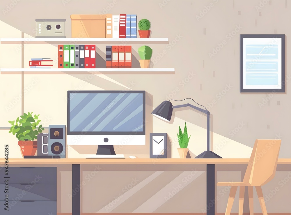 Modern Home Office Workspace With Desk Computer And Plants Modern Home Office Workspace With Desk Computer And Plants