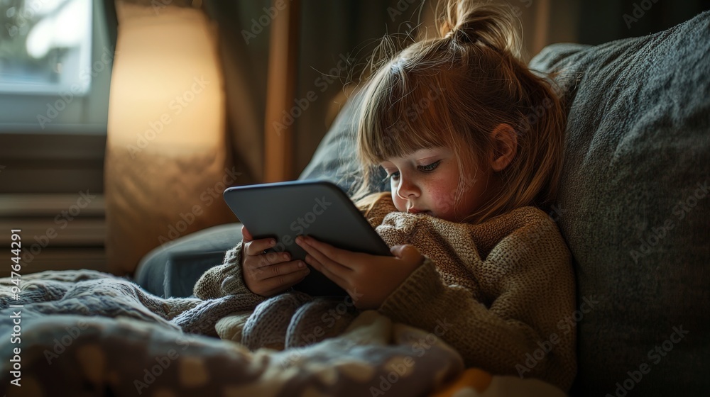 cute little girl sitting on a couch playing with a tablet cute little girl sitting on a couch playing with a tablet
