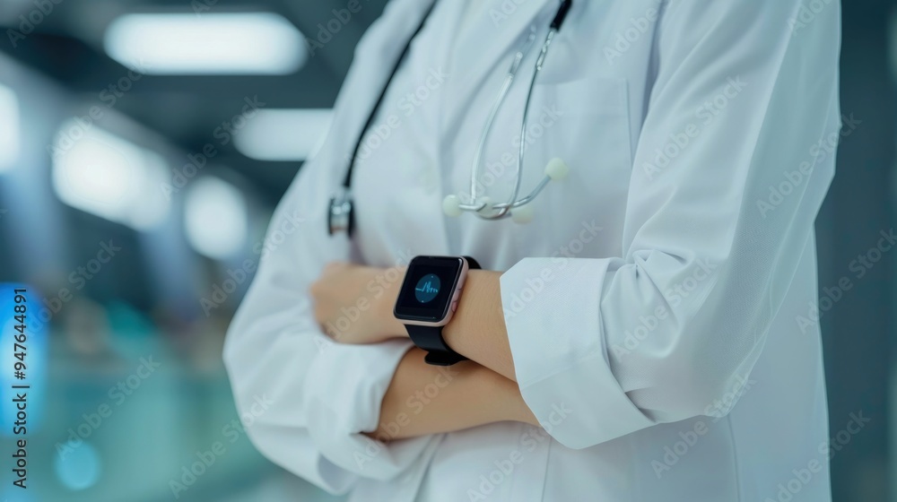 Naklejka premium Remote patient monitoring with wearable health devices like smartwatches or fitness trackers in a blurred background