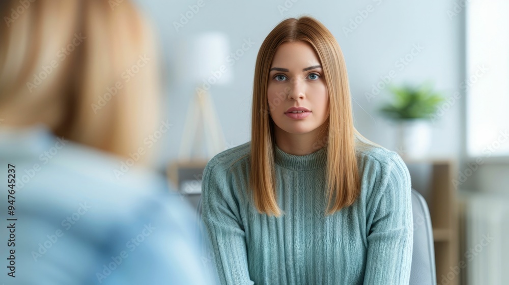 Young blonde woman in a blue top sitting at a desk in an office consulting with a health coach about lifestyle modification and wellness support Young blonde woman in a blue top sitting at a desk in an office consulting with a health coach about lifestyle modification and wellness support