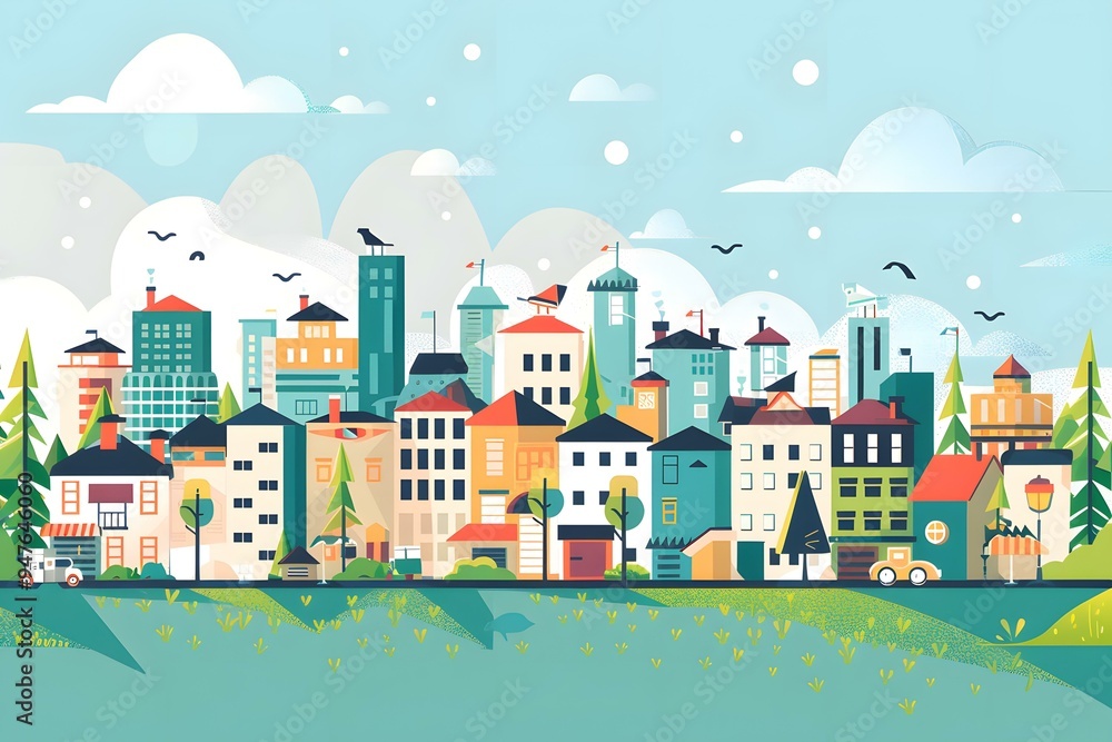 Colorful Illustration of a Cityscape with Buildings and Trees Colorful Illustration of a Cityscape with Buildings and Trees