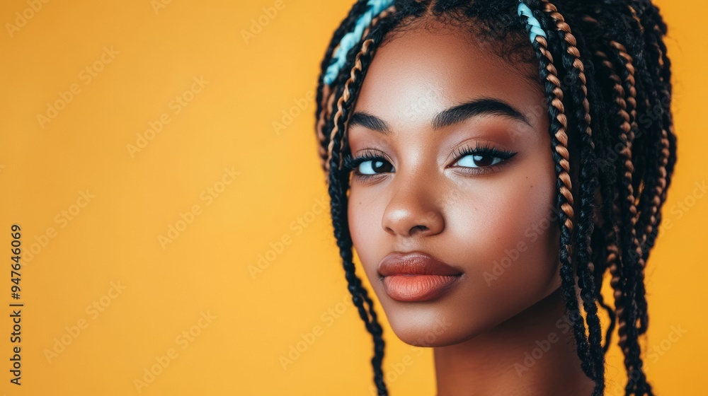 A captivating woman showcases her healthy skin and striking braided hairstyle standing proudly against a vivid yellow background perfecting an alluring and confident expression A captivating woman showcases her healthy skin and striking braided hairstyle standing proudly against a vivid yellow background perfecting an alluring and confident expression