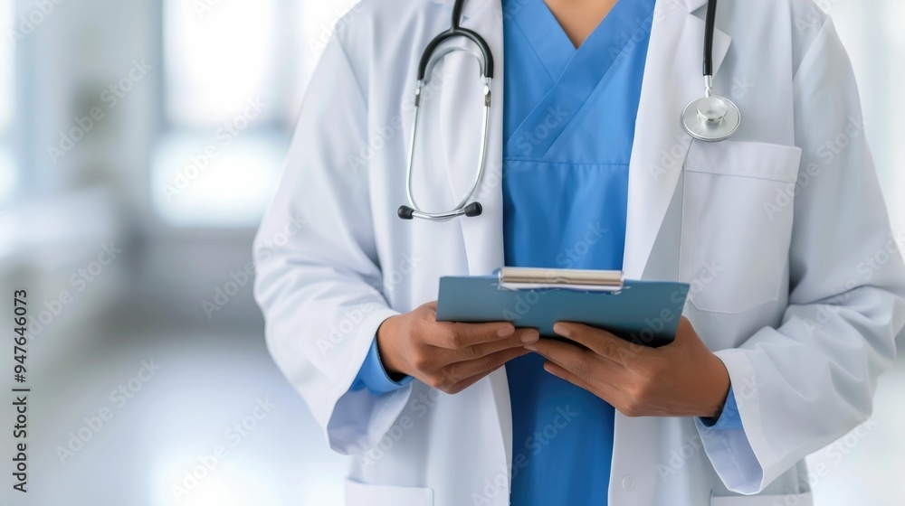 Doctor in medical scrubs and coat conducting a telehealth consultation with a patient using a laptop tablet or smartphone device The image shows a blurred background with a depth of field effect Doctor in medical scrubs and coat conducting a telehealth consultation with a patient using a laptop tablet or smartphone device The image shows a blurred background with a depth of field effect