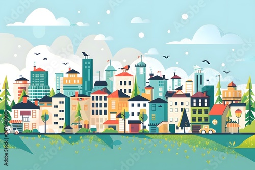 Colorful Illustration of a Cityscape with Buildings and Trees
