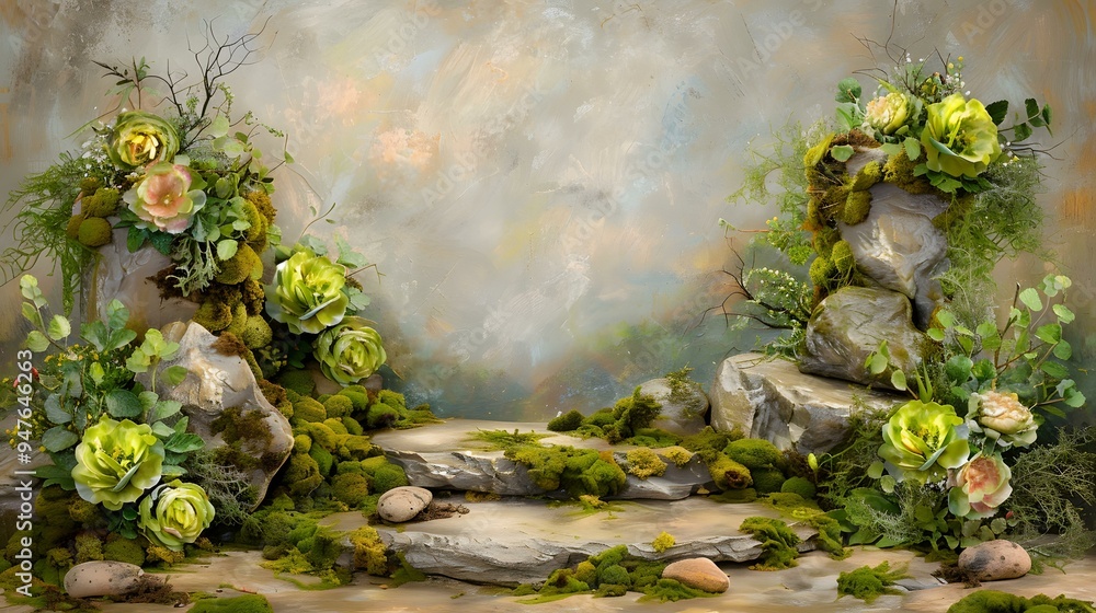 Green Mossy Rocks with Flowers and Stone Steps Background Green Mossy Rocks with Flowers and Stone Steps Background