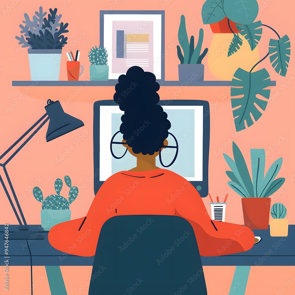Black Woman Working From Home With Plants Black Woman Working From Home With Plants