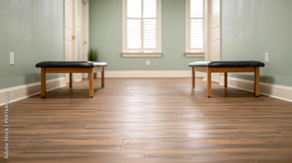 Serene and Minimalist Physical Therapy Treatment Room with Wooden Furnishings Bright and calming interior design with natural light clean lines Serene and Minimalist Physical Therapy Treatment Room with Wooden Furnishings Bright and calming interior design with natural light clean lines