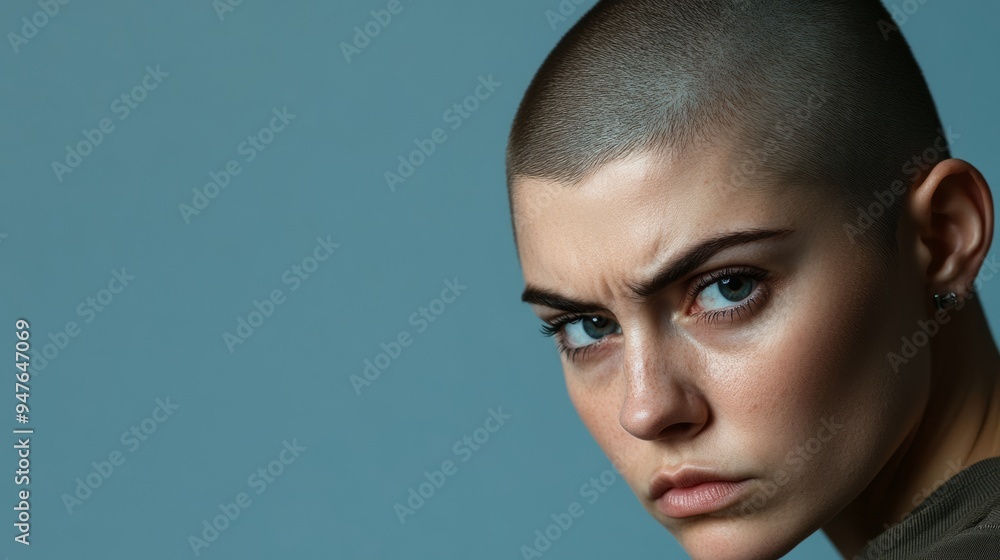 An intense yet beautiful woman gazes powerfully at the viewer her shaved head illuminating her unique charm and self assurance in this artistic composition An intense yet beautiful woman gazes powerfully at the viewer her shaved head illuminating her unique charm and self assurance in this artistic composition