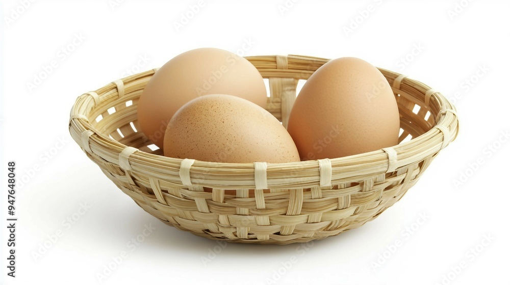 Fresh Three Eggs in Bamboo Basket, Organic Farming Concept Isolated on White Background Fresh Three Eggs in Bamboo Basket, Organic Farming Concept Isolated on White Background