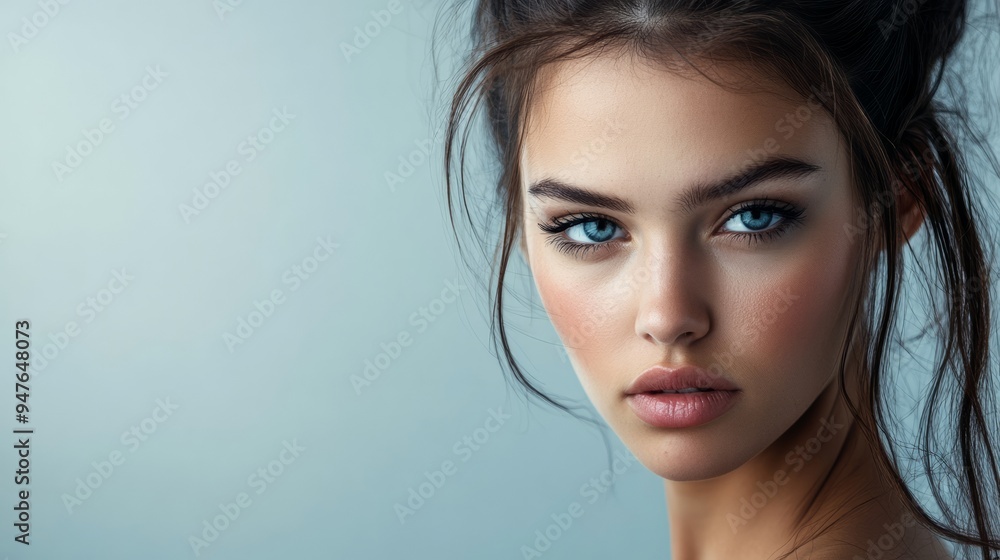 With a serene expression the woman gazes confidently into the distance showcasing her flawless skin and radiant features against a softly blurred backdrop With a serene expression the woman gazes confidently into the distance showcasing her flawless skin and radiant features against a softly blurred backdrop