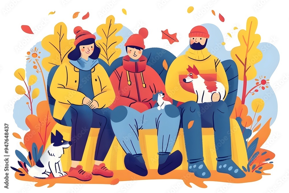 Family with Dogs Relaxing in Autumn Park Illustration Family with Dogs Relaxing in Autumn Park Illustration