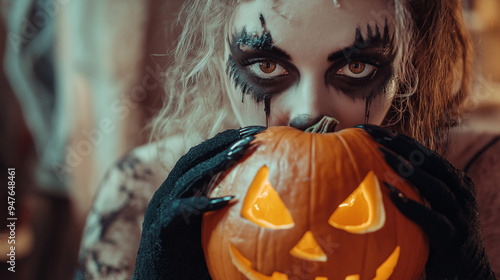 Halloween - portret brązowookiej dziewczyny w mrocznym kostiumie i makijażu, trzymającej dynię -lampion. photo