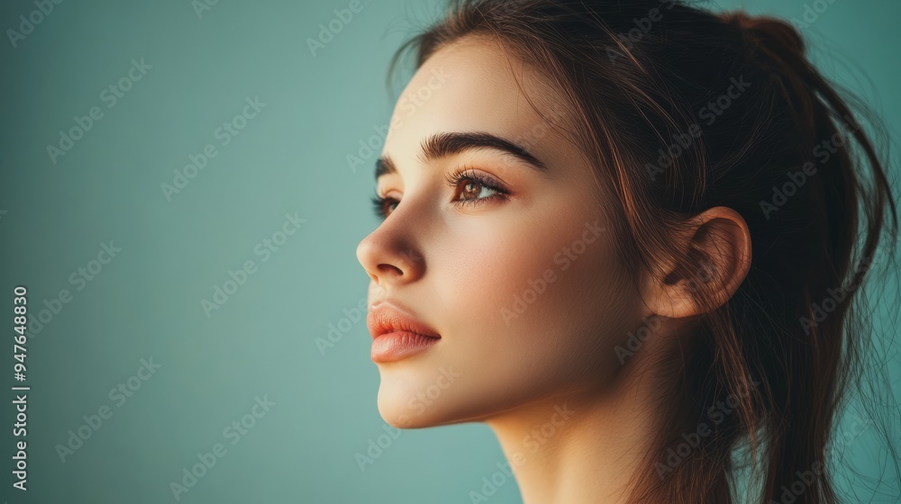 A beautiful woman gazes thoughtfully off to the side showcasing her clear skin and gentle features illuminated by soft natural light in a calming setting A beautiful woman gazes thoughtfully off to the side showcasing her clear skin and gentle features illuminated by soft natural light in a calming setting