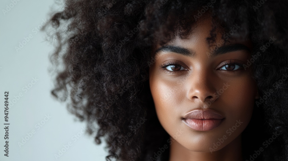 A captivating woman gazes confidently showcasing her glowing skin and beautiful curls radiating beauty and serenity in soft natural lighting A captivating woman gazes confidently showcasing her glowing skin and beautiful curls radiating beauty and serenity in soft natural lighting