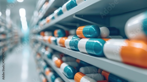 Medication management technology with shelves of pill bottles and containers for tracking and organizing prescriptions in a pharmacy hospital or healthcare setting