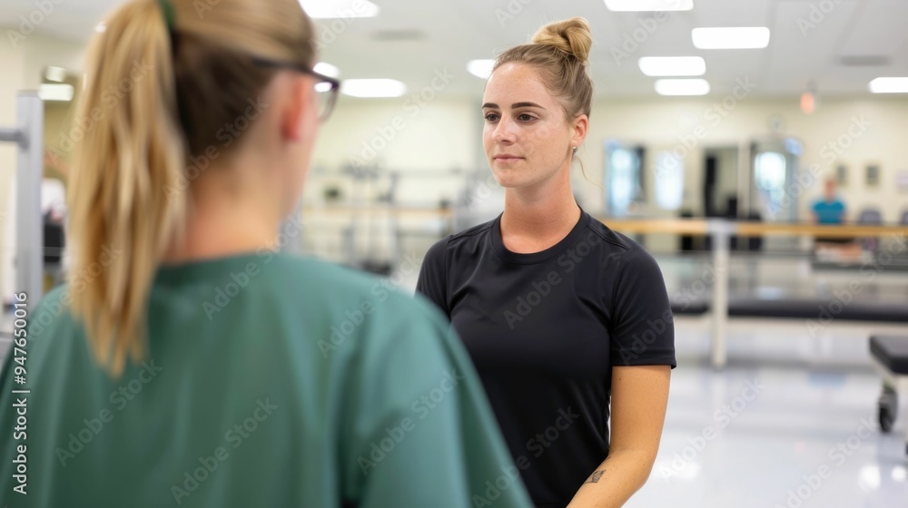 Rehabilitation Exercises with Physical Therapist in Modern Medical Facility A young female physical therapist guiding a patient through recovery exercises in a clean Rehabilitation Exercises with Physical Therapist in Modern Medical Facility A young female physical therapist guiding a patient through recovery exercises in a clean