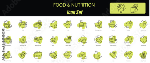 Ultimate Nutrition and Wellness Vector Icons: Nutrition, Food, Vegetables, Protein, Fruits, Water, Carbohydrates, Vitamins, Minerals, Healthy Fats, Whole Grain, Saturated Fats, Balanced Diet, K-Cal
