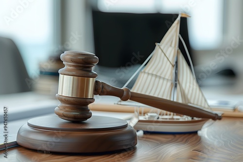 Fototapeta Naklejka Na Ścianę i Meble -  Gavel, boat model and document on a desk blurred office background 