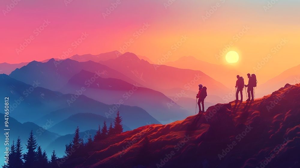 Hikers on a Mountain Ridge at Sunset Hikers on a Mountain Ridge at Sunset