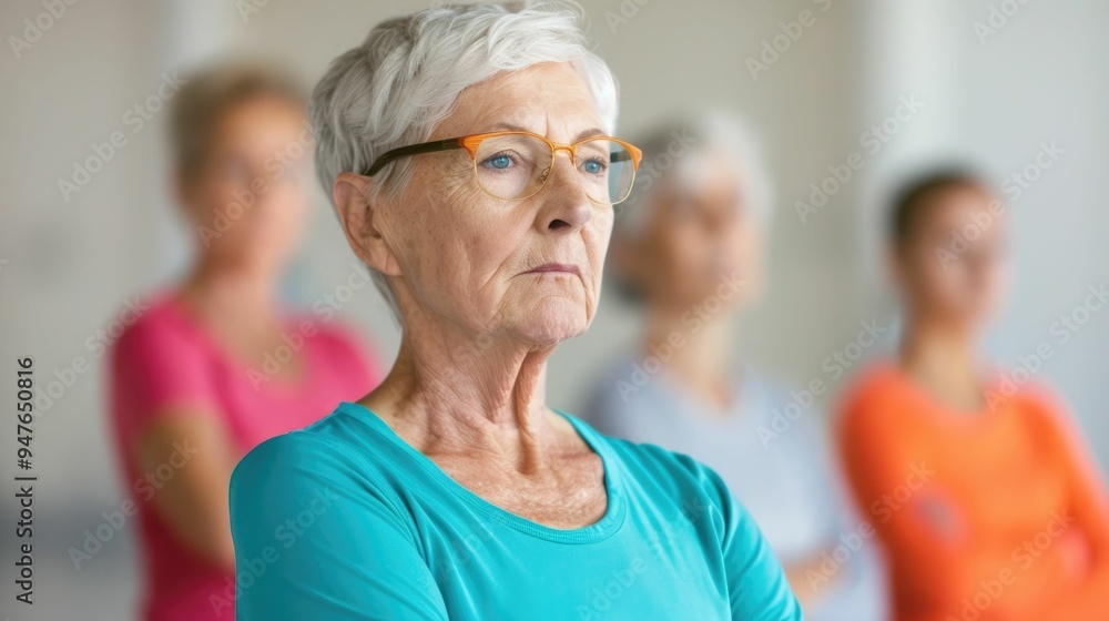 Portrait of an elderly woman with gray hair and glasses participating in a physical activity program designed for individuals with chronic conditions Portrait of an elderly woman with gray hair and glasses participating in a physical activity program designed for individuals with chronic conditions