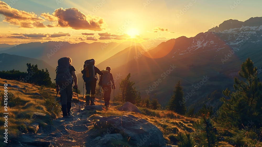 Fototapeta premium Hikers on a Mountain Ridge at Sunset