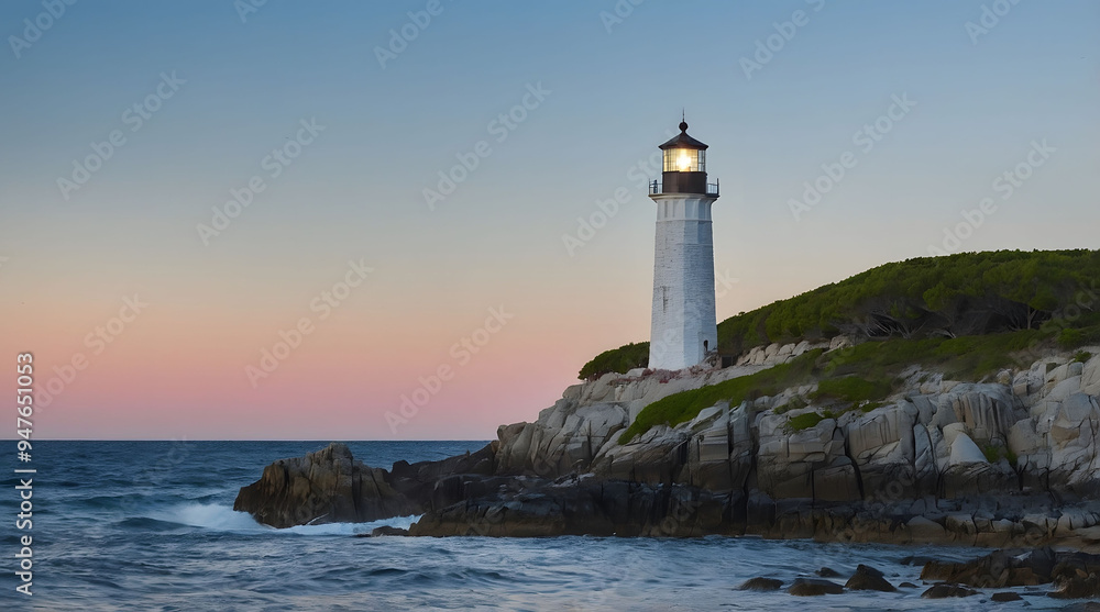 Lighted Lighthouse on a Rocky Coast at Sunset Lighted Lighthouse on a Rocky Coast at Sunset