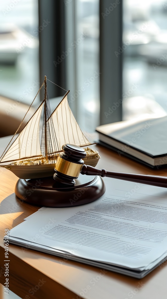 Gavel, boat model and document on a desk blurred office background Gavel, boat model and document on a desk blurred office background