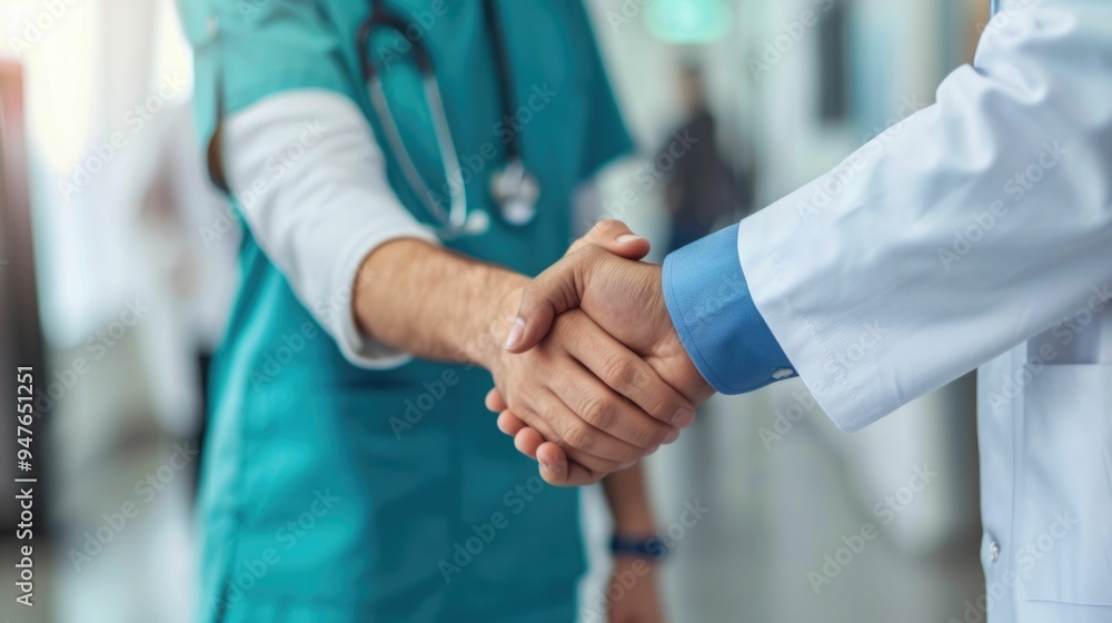 Close up of medical professionals shaking hands in a hospital setting symbolizing a collaborative partnership and support network for patients seeking care and treatment Close up of medical professionals shaking hands in a hospital setting symbolizing a collaborative partnership and support network for patients seeking care and treatment