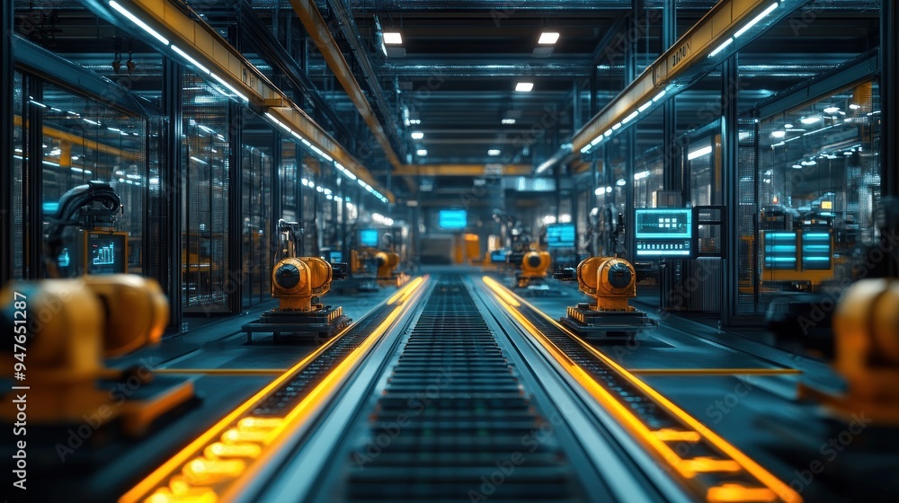 A futuristic engineering facility with AI-assisted manufacturing robots and interactive screens, featuring bright lighting and modern design with tech integration. A futuristic engineering facility with AI-assisted manufacturing robots and interactive screens, featuring bright lighting and modern design with tech integration.