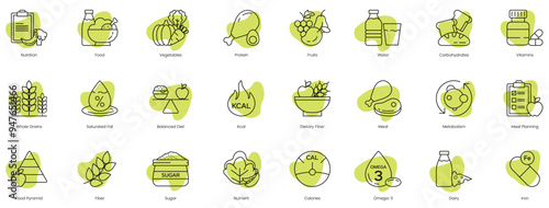 Comprehensive Nutritional Health Icons: Nutrition, Food, Vegetables, Protein, Fruits, Water, Carbohydrates, Vitamins, Whole Grain, Saturated Fats, Balanced Diet, Calories, Dietary Fiber, Meat