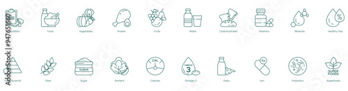 Complete Nutrition and Wellness Icons: Nutrition, Food, Vegetables, Protein, Fruits, Water, Carbohydrates, Vitamins, Minerals, Healthy Fats, Food Pyramid, Fiber, Sugar, Nutrients, Calories, Omega-3, 