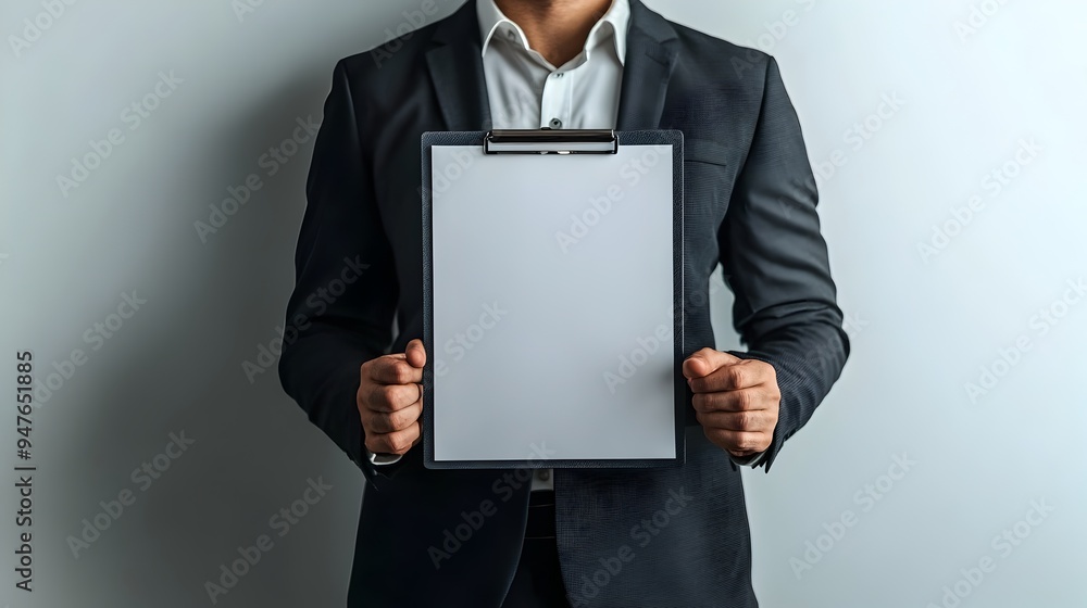 Businessman Holding Clipboard with Blank Document for Professional Presentation or Report Businessman Holding Clipboard with Blank Document for Professional Presentation or Report