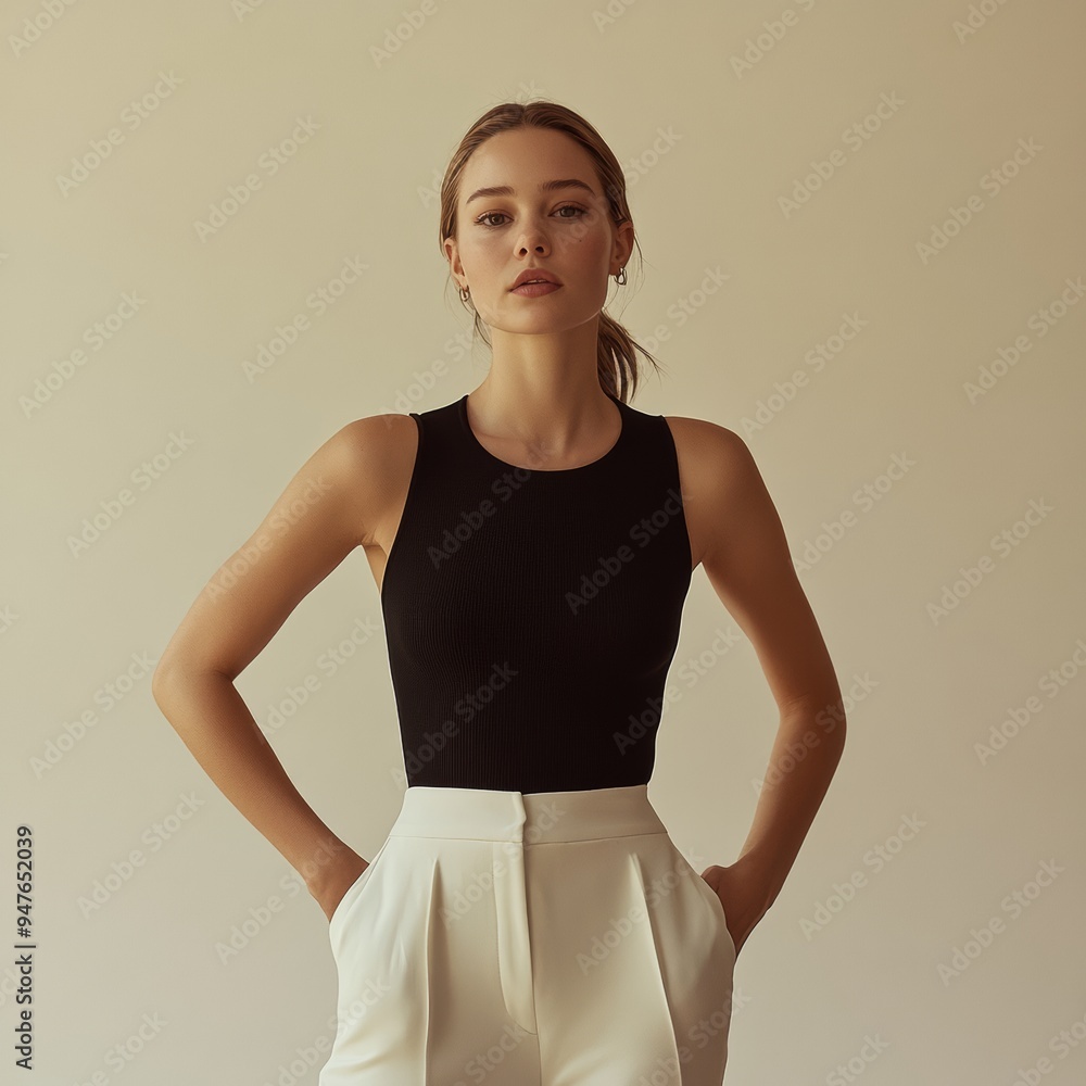 A woman showcases her poise and fashion sense dressed in a sleek black top and tailored white trousers Her serene expression and posture reflect sophistication in a simple elegant setting A woman showcases her poise and fashion sense dressed in a sleek black top and tailored white trousers Her serene expression and posture reflect sophistication in a simple elegant setting