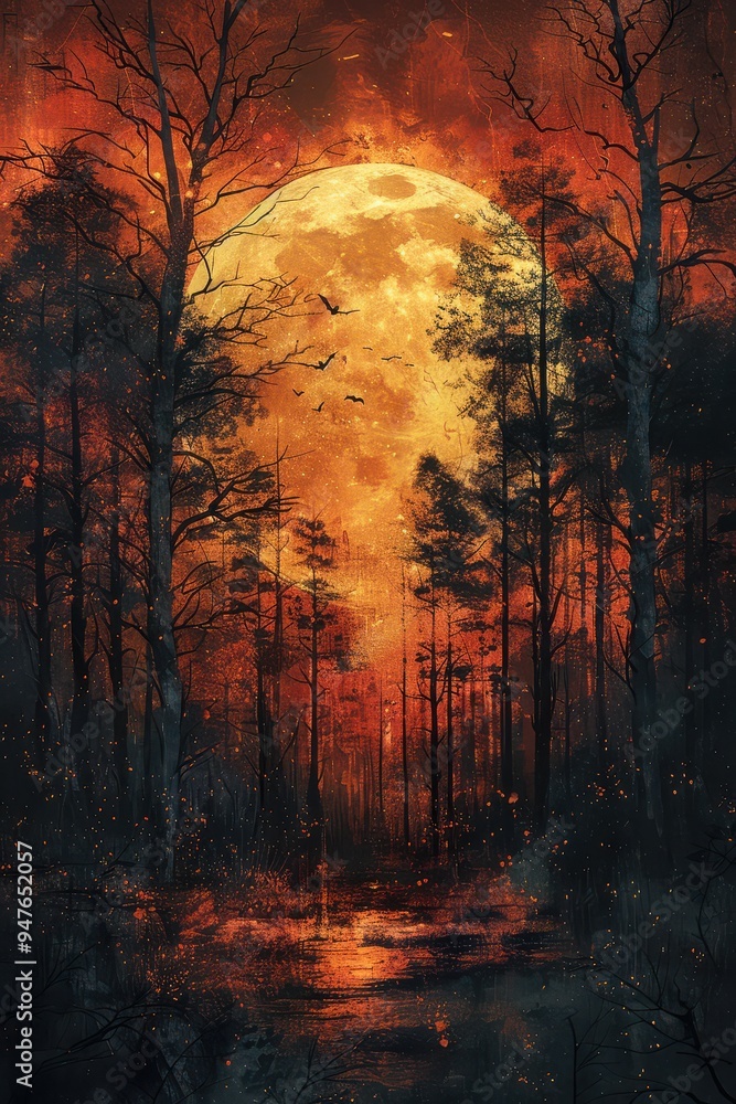 A dark and mysterious forest path illuminated by a large, blood-orange moon on Halloween night A dark and mysterious forest path illuminated by a large, blood-orange moon on Halloween night