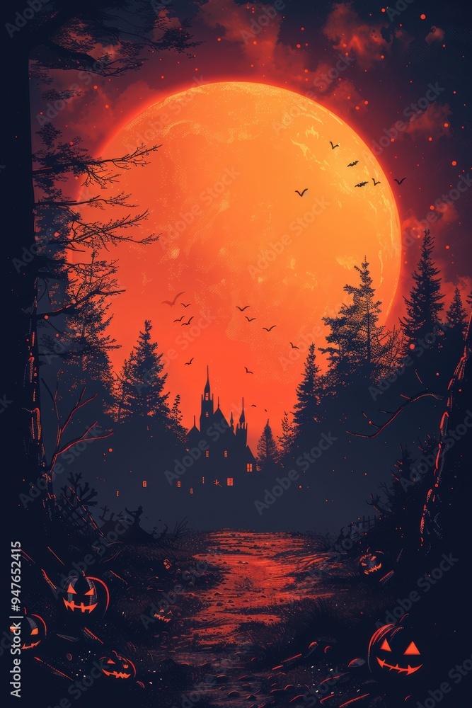 A dark and eerie forest scene with a large orange moon in the sky. A castle is silhouetted in the distance, and jack-o-lanterns are scattered in the foreground A dark and eerie forest scene with a large orange moon in the sky. A castle is silhouetted in the distance, and jack-o-lanterns are scattered in the foreground